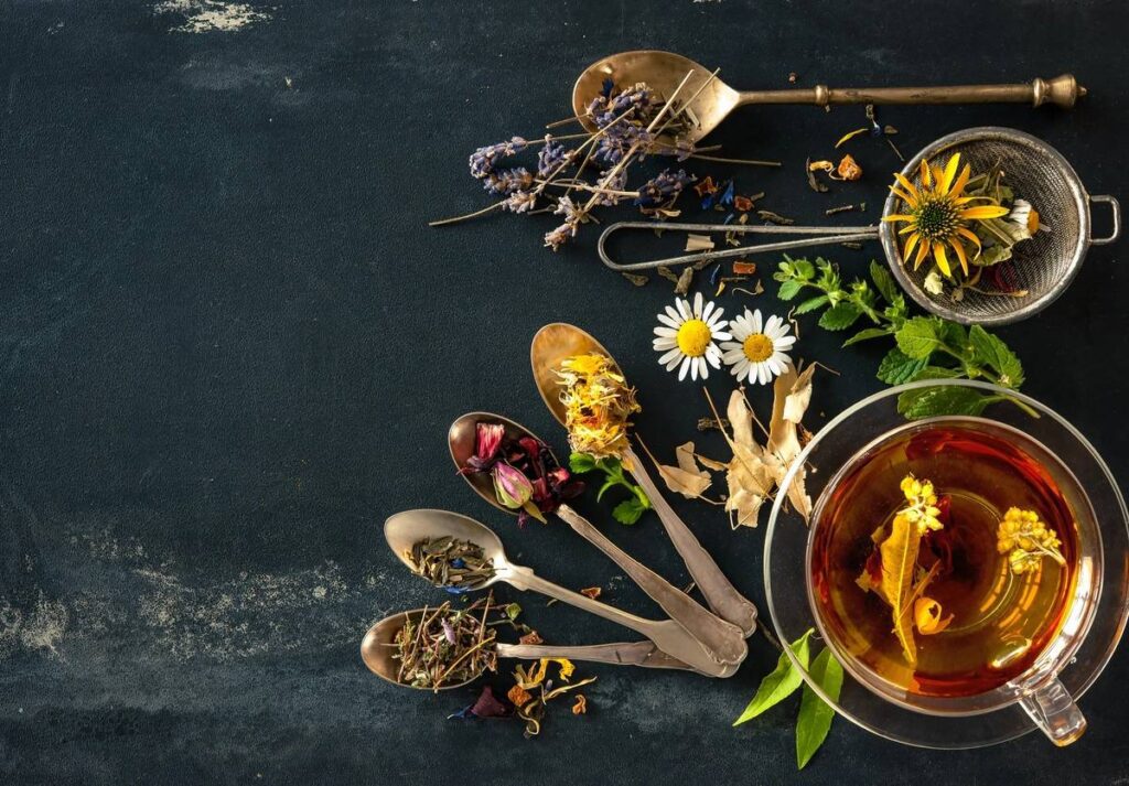 A table with herbs and bottles of medicine.