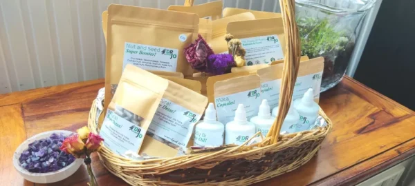 Natural supplements in a wicker basket.