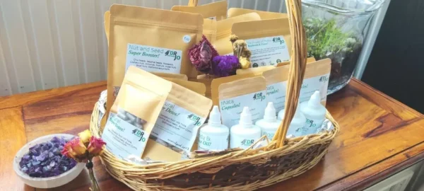 Wicker basket of natural health supplements.